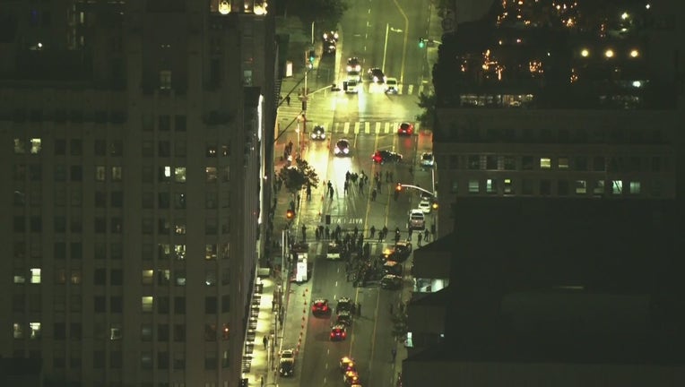 SkyFOX was over downtown Los Angeles Tuesday night as there were heavy police presence in the area.