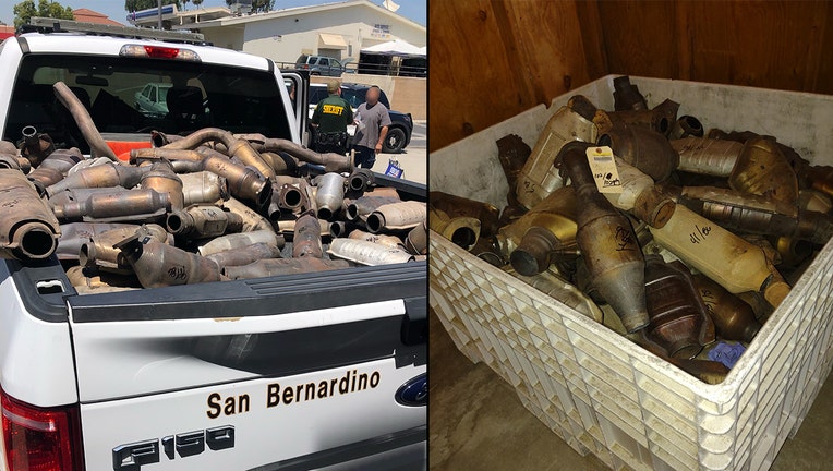 side-by-side image shows a truck pilled with dozens of recovered catalytic converters and a container filled with dozens of recovered catalytic converters