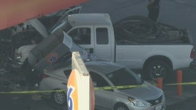 11 injured after truck crashes into cars, pump, at Panorama City gas station