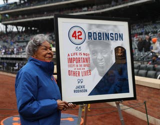 Los Angeles, California, USA. 15th Apr, 2023. To celebrate Jackie  Robinson's legacy, his granddaughter, actress AYO ROBINSON, threw out the  ceremonial first pitch before the Dodger game against the Chicago Cubs at