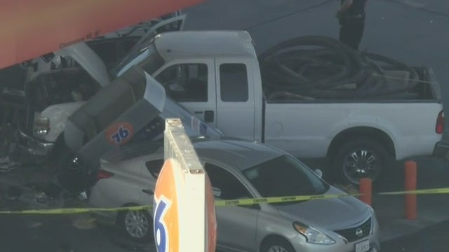 11 injured after truck crashes into cars, pump, at Panorama City gas station