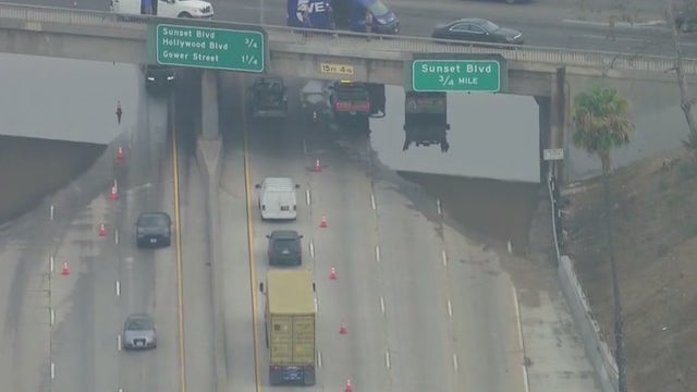 Broken water main floods 101 Freeway in Hollywood