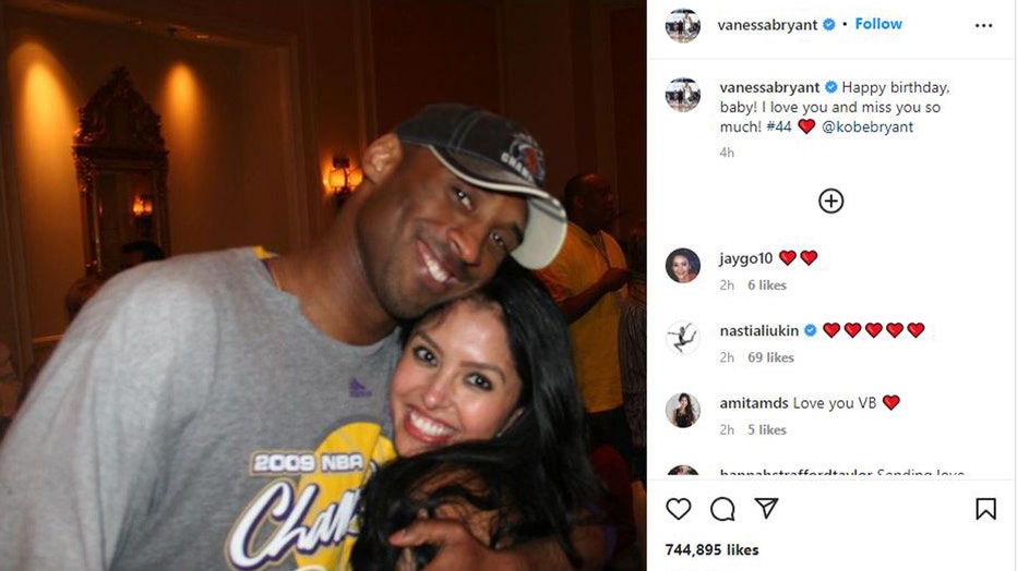 Photo posted on Vanessa Bryant's instagram of Vanessa and her late husband, Kobe Bryant, on what would have been his 44th birthday.