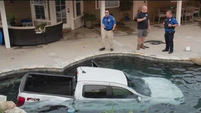 Menifee PD has fun in social media post after pickup truck lands in backyard pool
