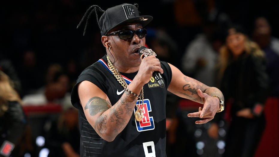 Rapper Coolio performs during the halftime of Golden State Warriors and Los Angeles Clippers basketball game at Staples Center in 2019. (Photo by Kevork Djansezian/Getty Images)