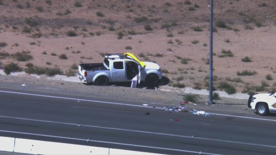 This image shows a truck owned by Anthony John Graziano after a shootout on a highway in Hesperia, Calif., on Tuesday, Sept. 27, 2022.