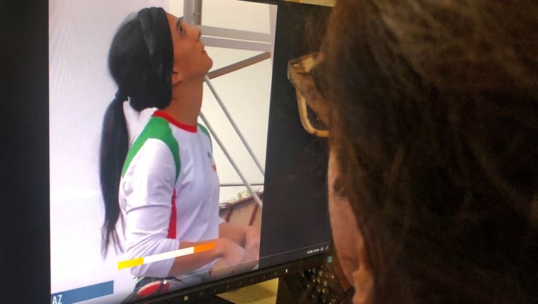 Iranian climber Elnaz Rekabi competes without a hijab, in the Cypriot capital Nicosia on October 18, 2022. (Photo by AFP) (Photo by -/AFP via Getty Images)