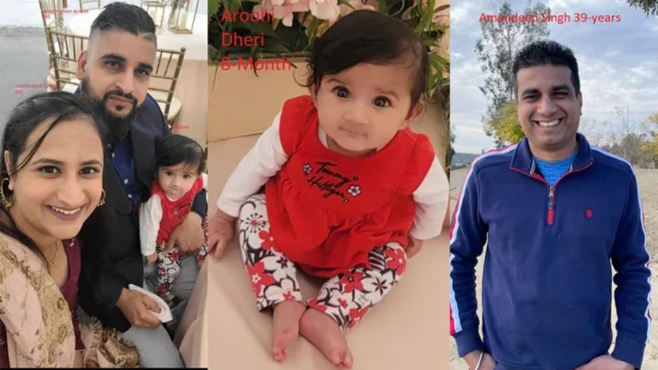 Merced County officials found the bodies of 8-month-old Aroohi Dheri, her parents – Jasleen Kaur and Jasdeep Singh – and uncle Amandeep Singh on Oct. 5, 2022. The family was kidnapped at gunpoint and have was missing since Monday. (Merced County Sheriff's Office)