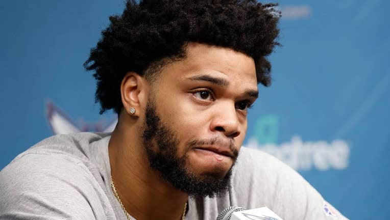Charlotte Hornets forward Miles Bridges takes a question during season wrap up media conference at Spectrum Center in Charlotte. (Alex Slitz/The Charlotte Observer/Tribune News Service via Getty Images)
