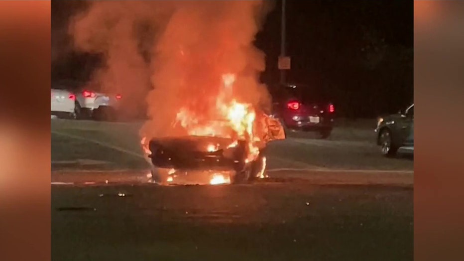 Car on fire following crash in Woodland Hills, leaving two people dead