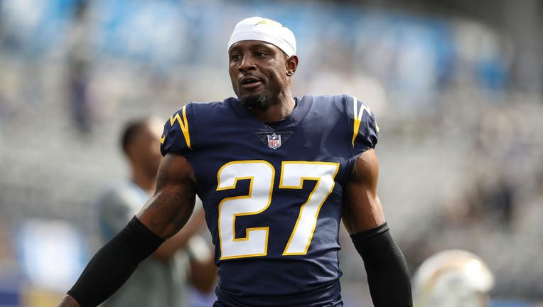 Los Angeles Chargers cornerback J.C. Jackson (27) during the Seattle Seahawks vs Los Angeles Chargers on October 23, 2022, at SoFi Stadium in Inglewood, CA. (Photo by Jevone Moore/Icon Sportswire via Getty Images)