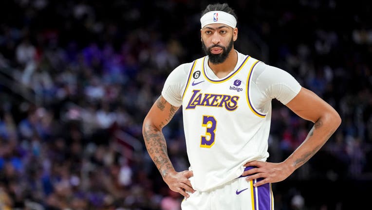 Anthony Davis #3 of the Los Angeles Lakers looks on against the Detroit Pistons at Little Caesars Arena on December 11, 2022 in Detroit, Michigan. (Photo by Nic Antaya/Getty Images)