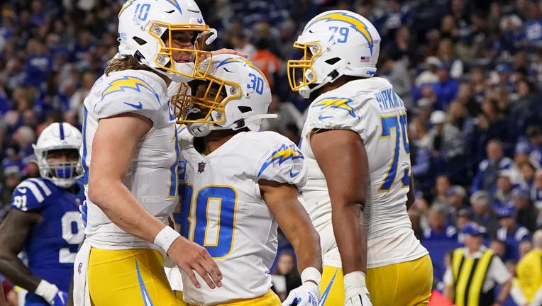 Austin Ekeler #30 of the Los Angeles Chargers celebrates after a touchdown against the Indianapolis Colts. (Photo by Dylan Buell/Getty Images)