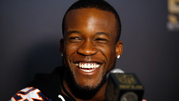 Ronnie Hillman #23 of the Denver Broncos speaks to the media during the Broncos media availability for Super Bowl 50 at the Stanford Marriott on February 4, 2016 in Santa Clara, California. Ezra Shaw/Getty Images.