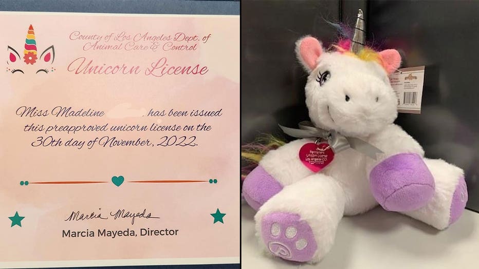 LA County Animal Control sent the girl a pre-approved unicorn license, a heart-shape license tag and a plush toy unicorn