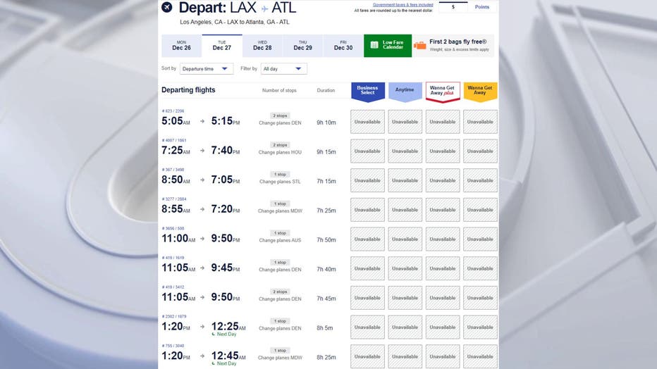 Screenshot taken at 5:30 p.m. PT Monday, December 26 shows all flights out of LAX being unavailable for booking to travelers looking to fly to Atlanta.