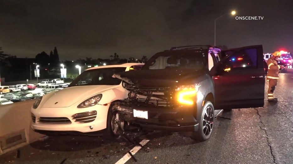 Chevrolet SUV that crashed into a vehicle and a CHP vehicle on the side of the freeway