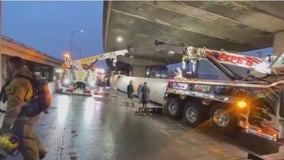Propane tanker trailer overturns on 110 Freeway in downtown LA