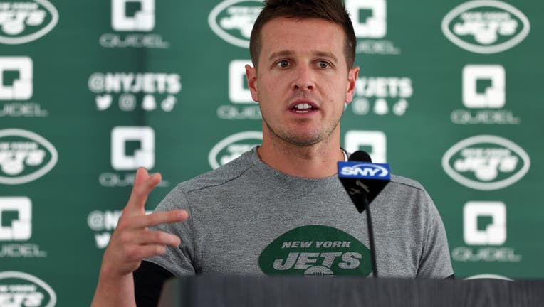 Offensive Coordinator Mike LaFleur speaks after training camp at Atlantic Health Jets Training Center on August 1, 2022 in Florham Park, New Jersey. (Photo by Rich Schultz/Getty Images)