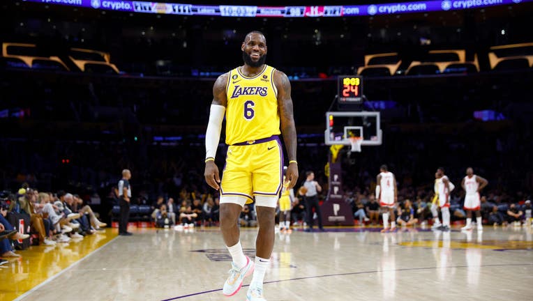 LeBron James #6 of the Los Angeles Lakers reacts during play against the Houston Rockets in the second half at Crypto.com Arena. (Photo by Ronald Martinez/Getty Images)