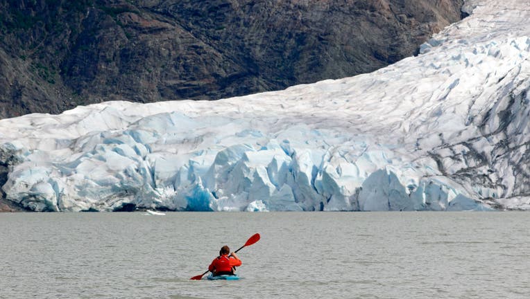 Kayakers Mendenhall Glacier near Juneau Alaska Inside Passage Southeast Alaska USA