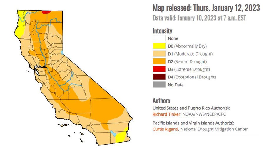 Map of California drought conditions as of Jan. 12, 2023