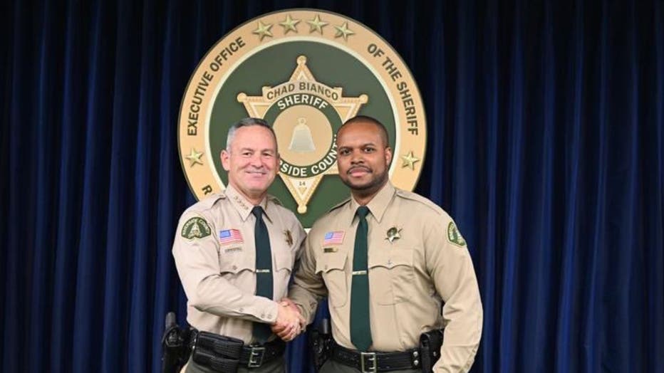 Darnell Calhoun, right, next to Sheriff Chad Bianco. Photo: Riverside County Sheriff's Office.