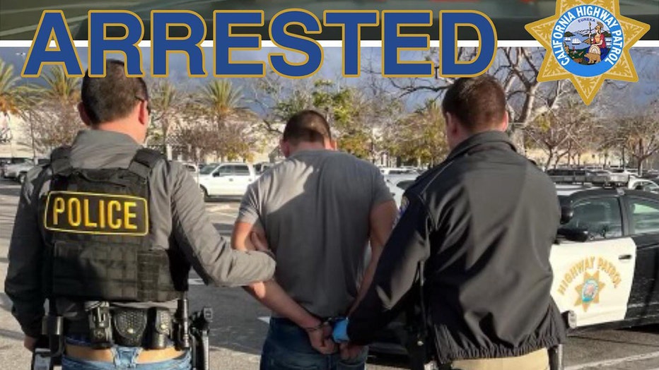 CHP officers detain Nathaniel Walter Radimak. They are leading him to the CHP cruiser with his hands handcuffed behind his back.