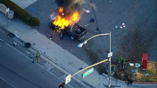 Pursuit ends in Cerritos crash, fire; 2 in custody