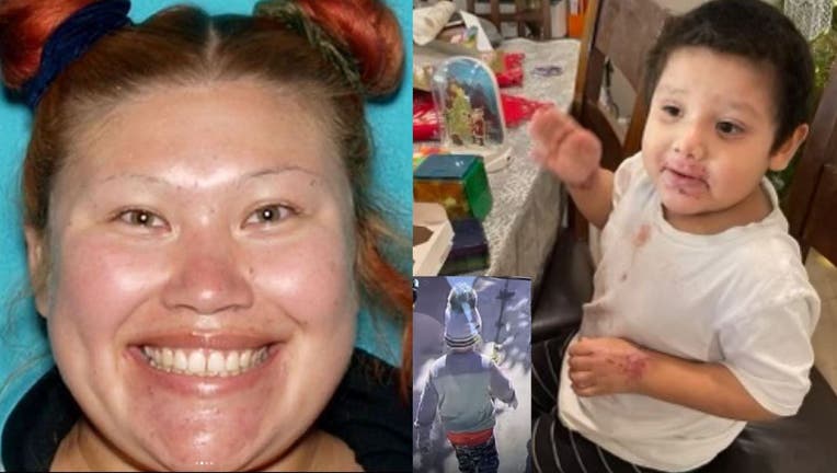 Side-by-side photos. On the left, a mugshot of a woman. On the right, a photo of her son.