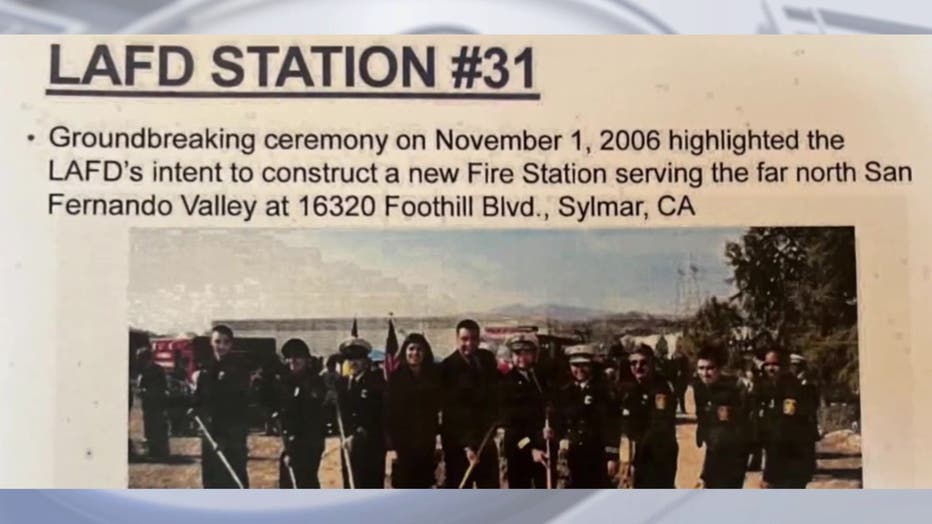 A photo of a groundbreaking ceremony for an LAFD station from 2006 with text explaining the photo above it.