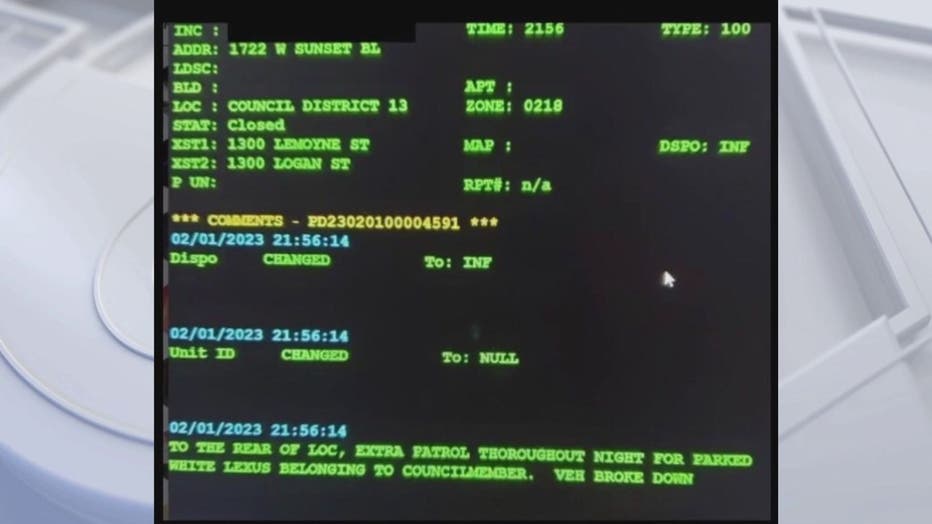 A screenshot of a police cruiser computer requesting increased patrol on a car registered to an LA Councilman's aide.