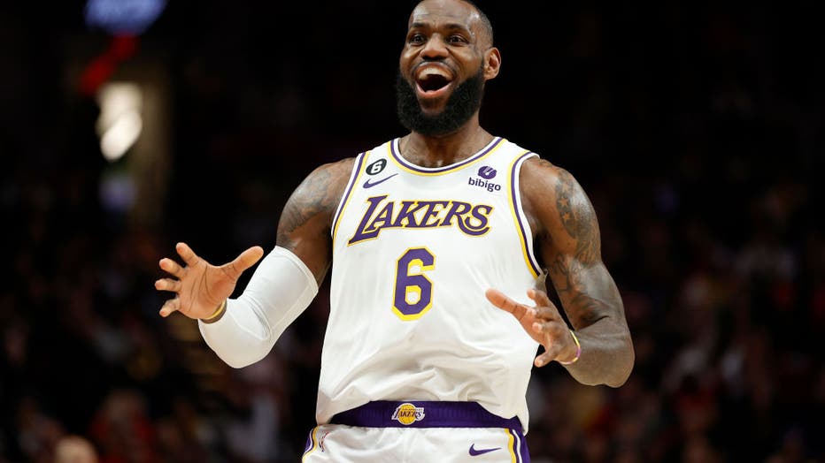 LeBron James #6 of the Los Angeles Lakers reacts during the first half against the Portland Trail Blazers at Moda Center on January 22, 2023 in Portland, Oregon. (Photo by Steph Chambers/Getty Images)