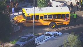 School bus crashes into parked cars, fence in South LA