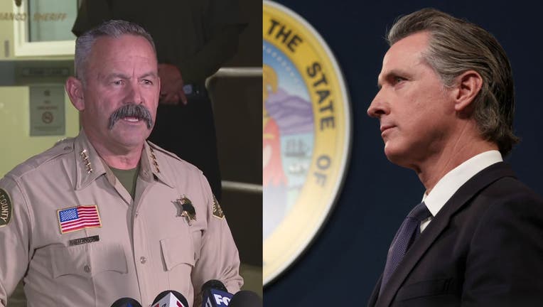 Photos of Riverside County Sheriff Chad Bianco and California Gov. Gavin Newsom shown side by side