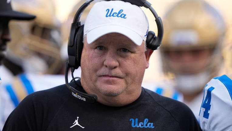 Head coach Chip Kelly of the UCLA Bruins looks on from the sidelines against the California Golden Bears during the second quarter of an NCAA football game at California Memorial Stadium on November 25, 2022 in Berkeley, California. (Photo by Thearon W. Henderson/Getty Images)