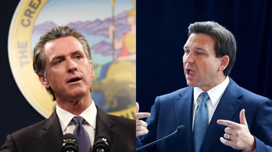 Side by side photographs of California Gov. Gavin Newsom and Florida Gov. Ron DeSantis