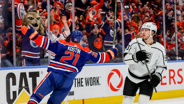 Edmonton Oilers Left Wing Klim Kostin (21) celebrates his goal in the third period of game two in the Western Conference First Round of the Edmonton Oilers versus the Los Angeles Kings on April 19, 2023. (Photo by Curtis Comeau/Icon Sportswire via Getty Images)