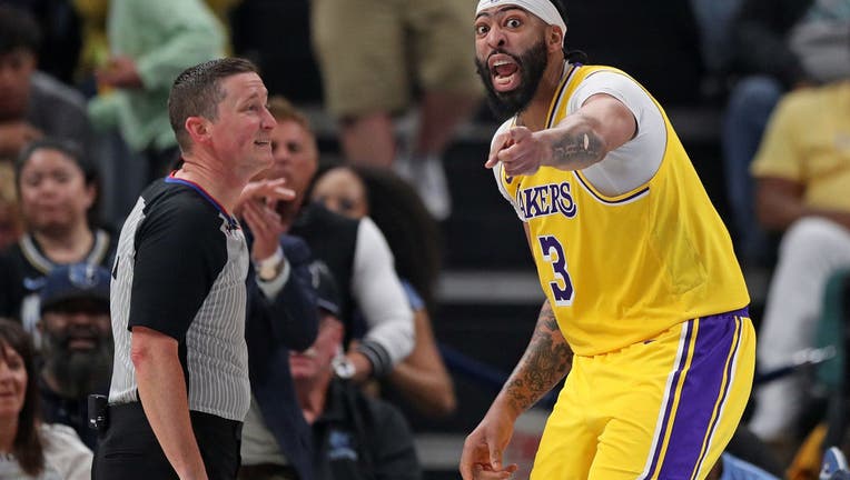 Anthony Davis #3 of the Los Angeles Lakers reacts during the first half against the Memphis Grizzlies of Game Five of the Western Conference First Round Playoffs at FedExForum (Photo by Justin Ford/Getty Images)