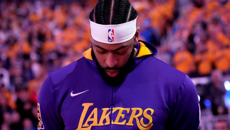 Anthony Davis #3 of the Los Angeles Lakers looks on during the national anthem prior to facing the Golden State Warriors in game five of the Western Conference Semifinal Playoffs. (Photo by Thearon W. Henderson/Getty Images)