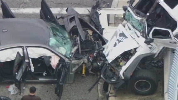 Police chase ends in crash with innocent bystander in Huntington Park; Suspect on the run