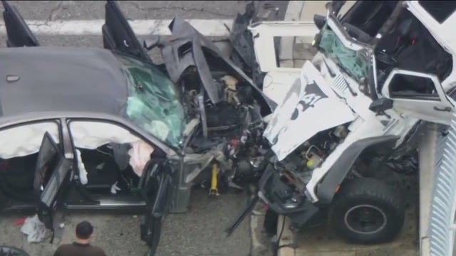 Police chase ends in crash with innocent bystander in Huntington Park; Suspect on the run