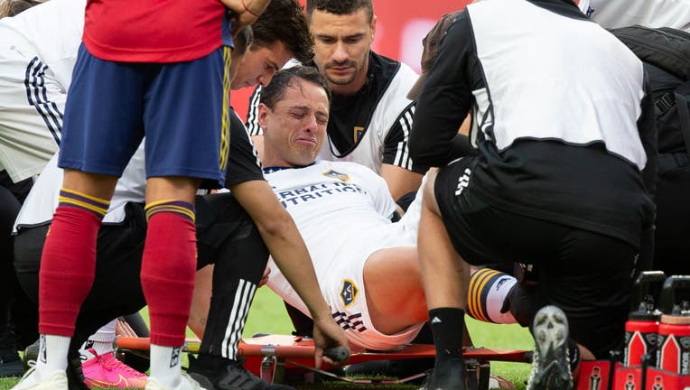 Javier Hernandez #14 of the Los Angeles Galaxy reacts while being loaded onto a stretcher after injuring his kneeduring the first half of the quarterfinals of the 2023 U.S. Open Cup. (Photo by Chris Gardner/Getty Images)