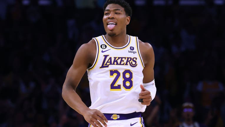 Rui Hachimura #28 of the Los Angeles Lakers reacts to his three pointer against the Memphis Grizzlies during the first quarter in Game Three of the Western Conference First Round Playoffs. (Photo by Harry How/Getty Images)