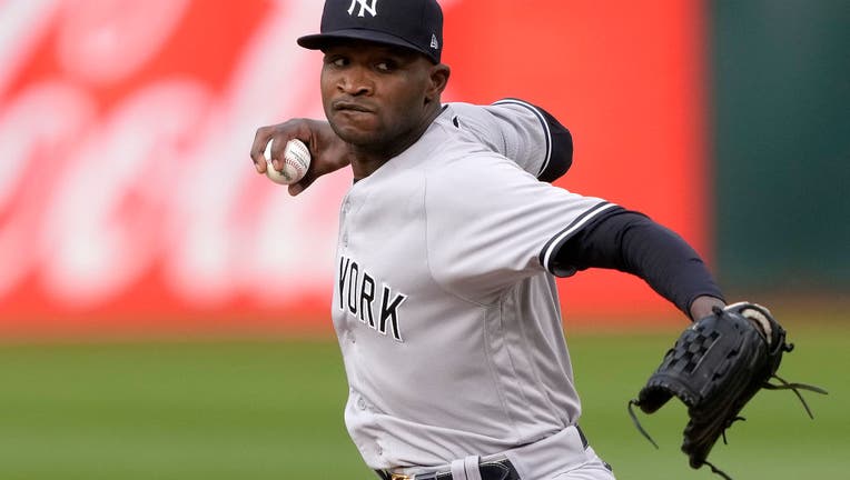 Domingo German #0 of the New York Yankees pitches against the Oakland Athletics in the bottom of the first inning at RingCentral Coliseum on June 28, 2023 in Oakland, California. (Photo by Thearon W. Henderson/Getty Images)