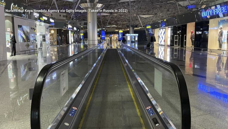 A view of empty moving walkway at Vnukovo International Airport after Western countries closed their airspace to Russia over its attacks on Ukraine, on March 13, 2022, in Moscow, Russia. (Photo by Nuran Erkul Kaya/Anadolu Agency via Getty Images)