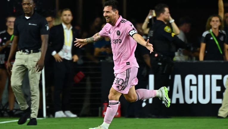 Inter Miami's Argentine forward Lionel Messi celebrates after scoring a goal during the Leagues Cup Group J football match between Inter Miami CF and Cruz Azul at DRV PNK Stadium in Fort Lauderdale, Florida. (Photo by Chandan KHANNA / AFP) (Photo by CHANDAN KHANNA/AFP via Getty Images)