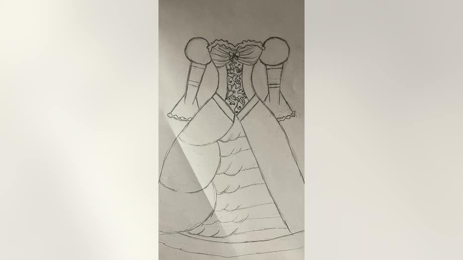 A sketch of a prom dress in pencil.