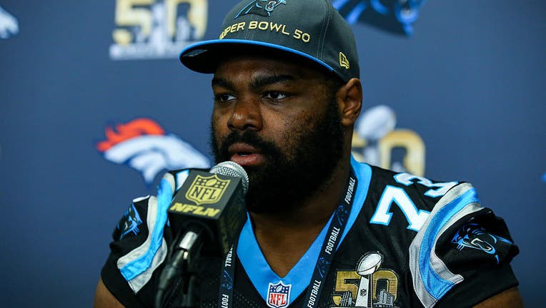 Carolina Panthers tackle Michael Oher (73) during the Carolina Panthers press conference. (Photo by Rich Graessle/Icon Sportswire) (Photo by Rich Graessle/Icon Sportswire/Corbis/Icon Sportswire via Getty Images)