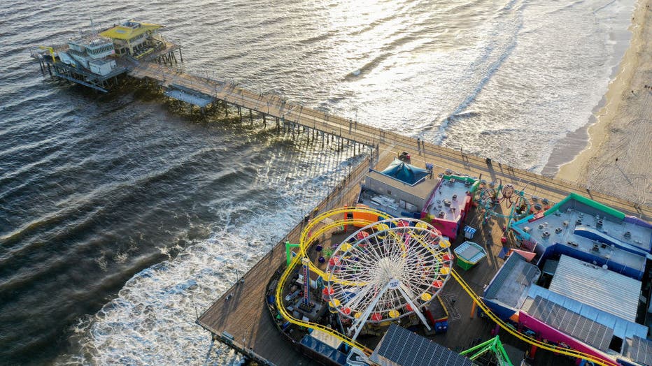 Aerial photo of the Santa Monica Pier at sunset